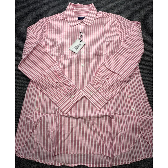Untuckit Shirt Womens Medium Pink White Striped Lauren Relaxed Fit Long Sleeve - Picture 1 of 8